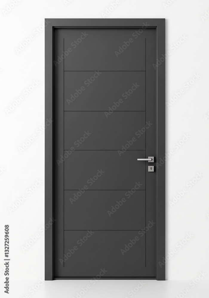 Modern dark gray interior door with horizontal panels and a matte finish. Studio shot on a clean white wall, ideal for interior design, home catalog, real estate, property. Modern dark gray interior door with horizontal panels and a matte finish. Studio shot on a clean white wall, ideal for interior design, home catalog, real estate, property.