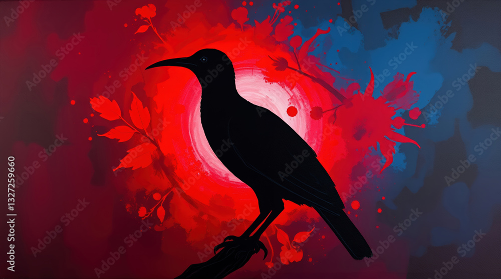 Fototapeta premium Exotic Bird Oil Painting - Dramatic Black Raven Silhouette Against Intense Red-Blue Backdrop With Leaf Motifs.