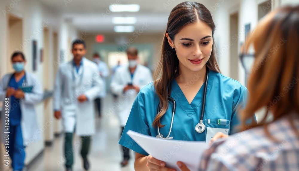 Fototapeta premium Compassionate Nurse Reviewing Patient Chart in Busy Hospital