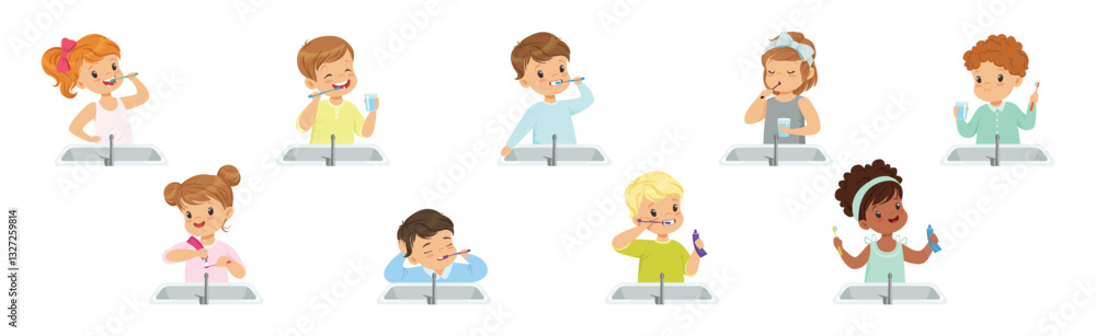 Kids Brushing Teeth with Toothpaste and Toothbrush Vector Set Kids Brushing Teeth with Toothpaste and Toothbrush Vector Set