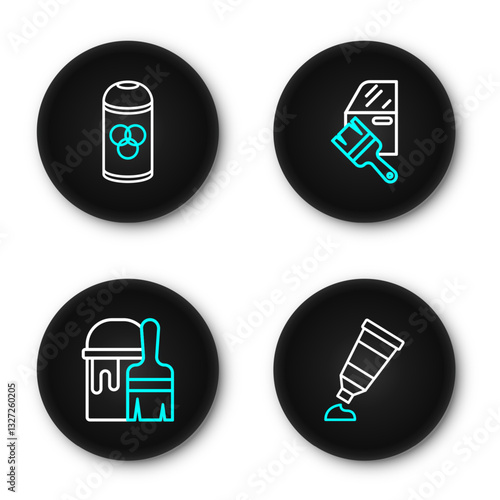 Set line Tube with paint palette, Paint bucket brush, Car painting and spray can icon. Vector