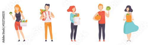 People Buy Fresh Market Food and Goods Carry Bag Vector Set