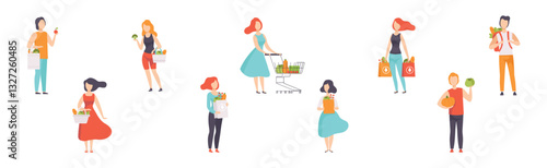 People Buy Fresh Market Food and Goods Carry Bag Vector Set