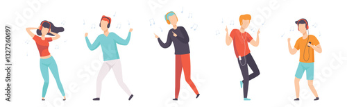 People Wearing Earphones Listening to Music and Dancing Vector Set