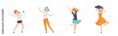 Woman Wearing Earphones Listening to Music and Dancing Vector Set