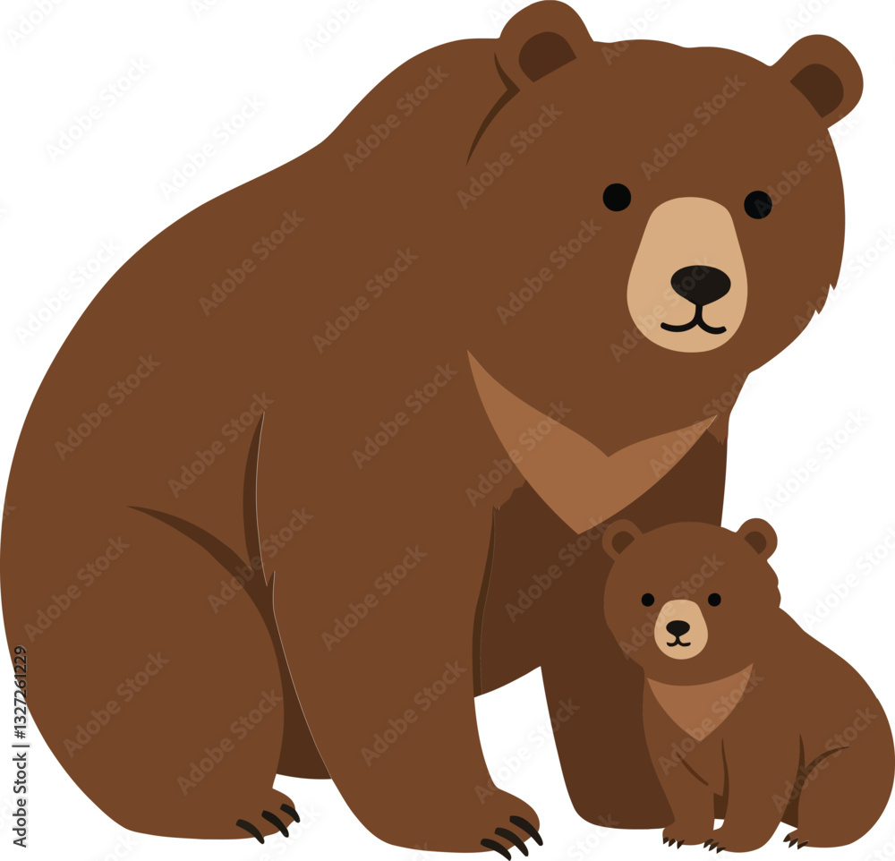A mother bear and her cub depicted in a minimal flat design style, showcasing their bond in a serene forest setting, vector art