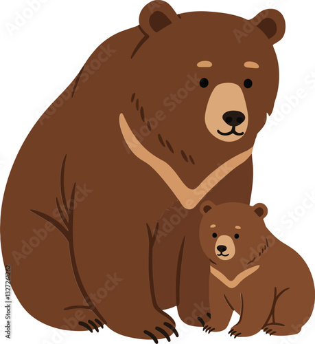 A mother bear and her cub resting together in a cozy setting, illustrated in a flat design style, showcasing warmth and affection in vector art