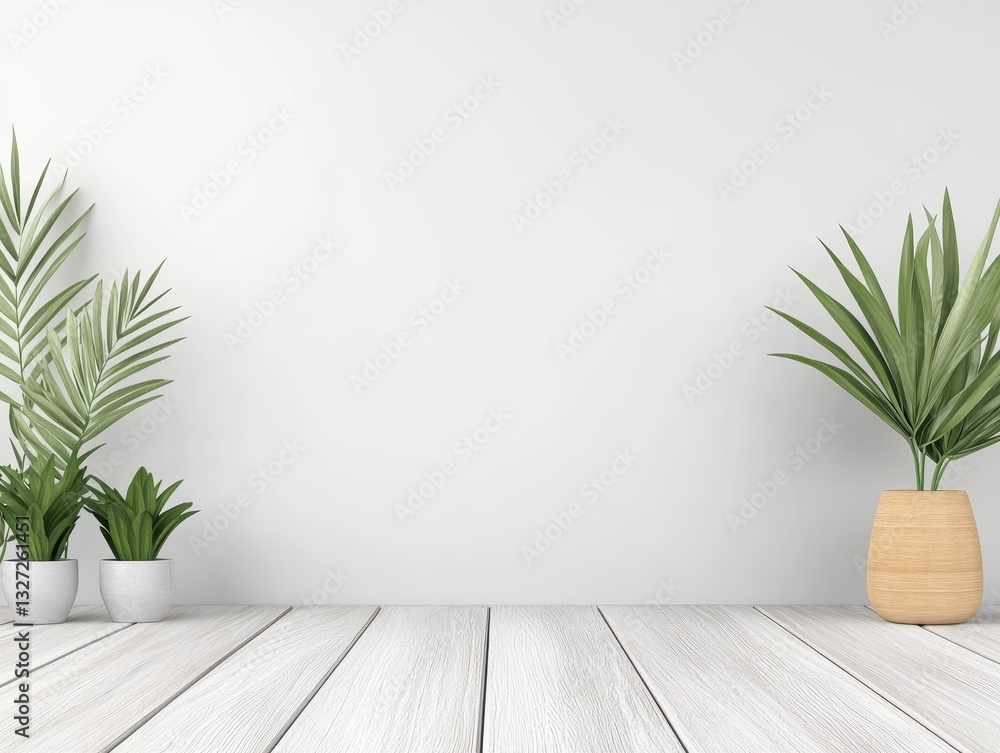 Minimalist interior design featuring potted plants against a blank wall Minimalist interior design featuring potted plants against a blank wall