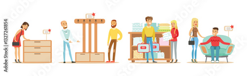 People in Furniture Store Choose Interior Elements Vector Set