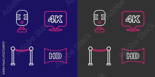 Set line Hd movie, tape, frame, Rope barrier, 4k Ultra HD and Microphone icon. Vector