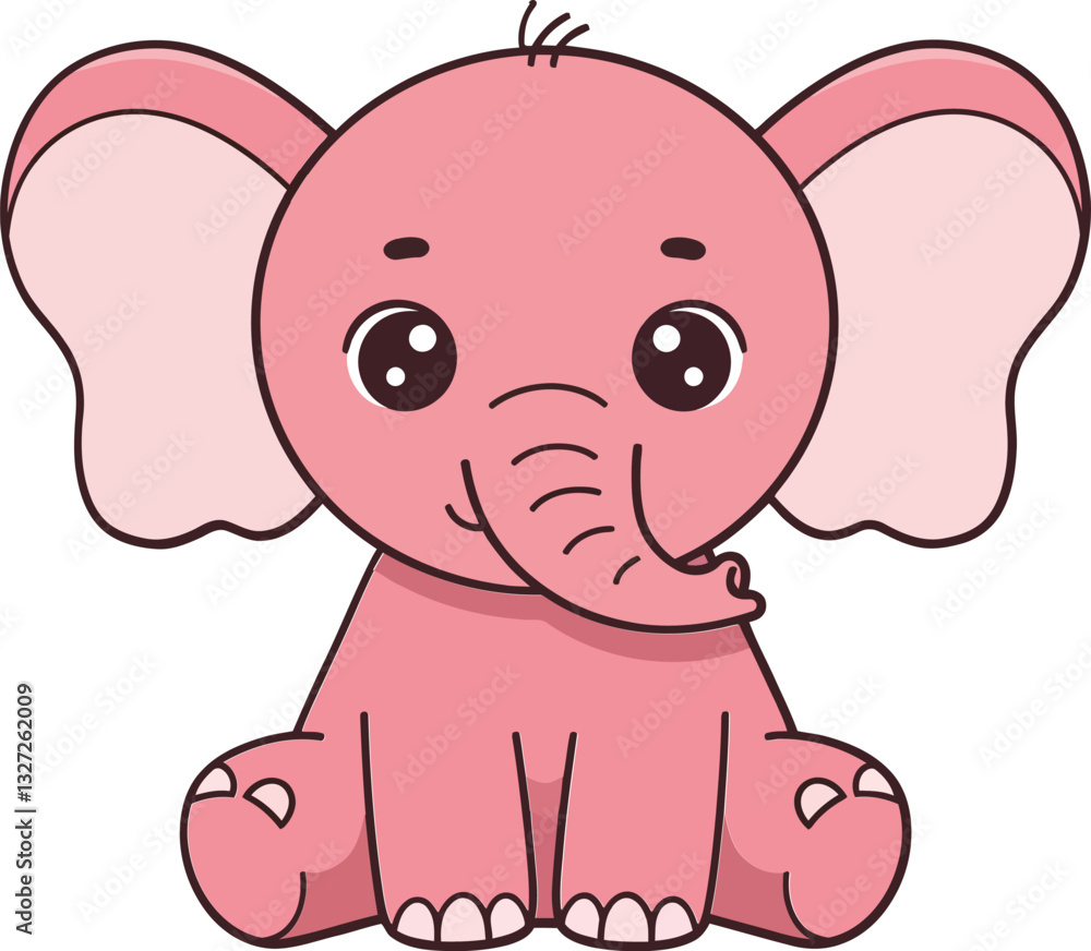Cute pink elephant character sitting playfully with oversized ears and a cheerful expression in a minimal flat design vector illustration