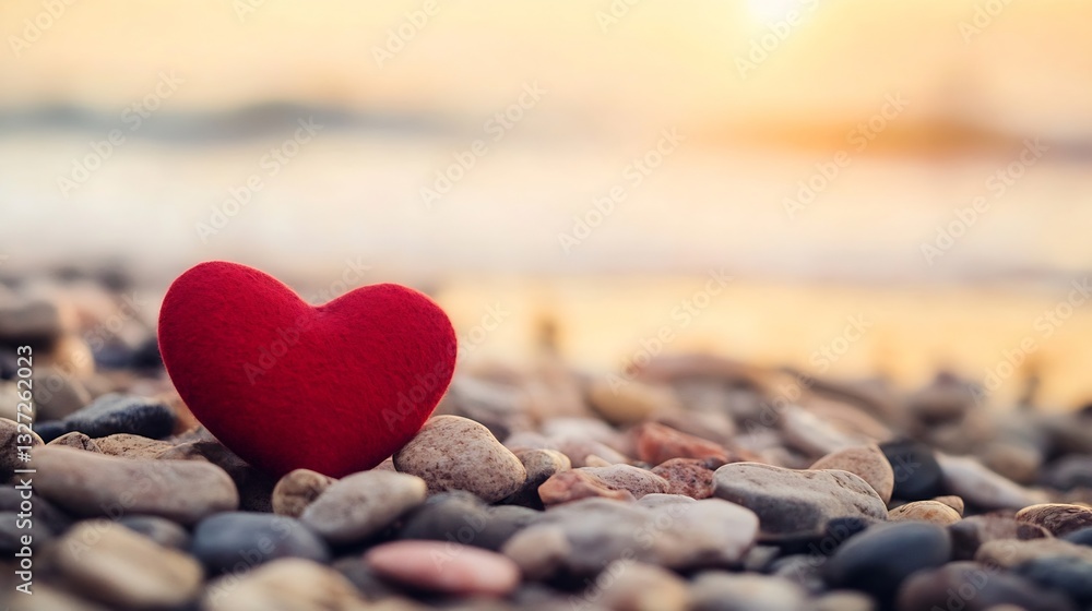 Fototapeta premium Soft Red Heart on Pebble Beach Capturing Moments of Love and Affection in Nature : Generative AI