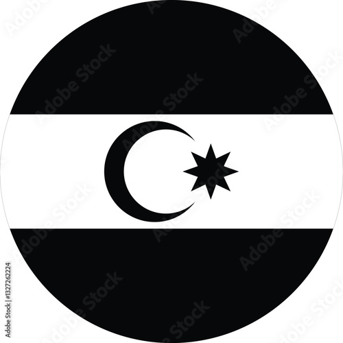 Azerbaijan black and white round flag, monochrome emblem, patriotic symbol, circular design, vector icon, national identity, glossy badge, modern vector, digital illustration, banner, emblematic