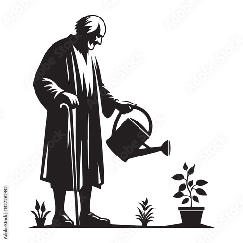 Dedicated Old Man Gardening silhouette, nurturing flowers with patience - Old Man illustration - Minimalist Old Man vector - Passionate gardener
