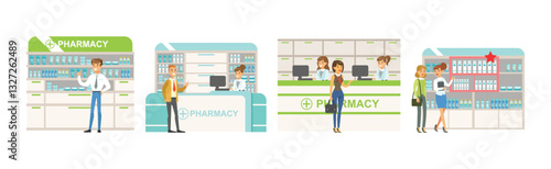People Character at Pharmacy Store Choosing And Buying Drugs Vector Set