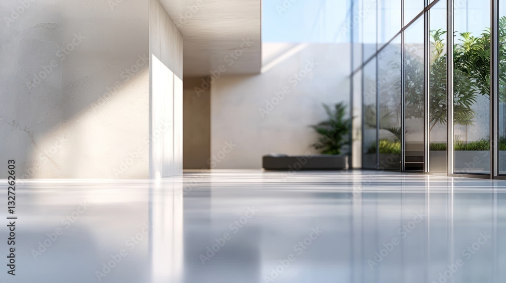Fototapeta premium Modern Minimalist Lobby Interior Design: Sunlight Streaming Through Glass Walls, Reflecting on Polished Floors