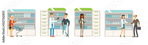 People Character at Pharmacy Store Choosing And Buying Drugs Vector Set