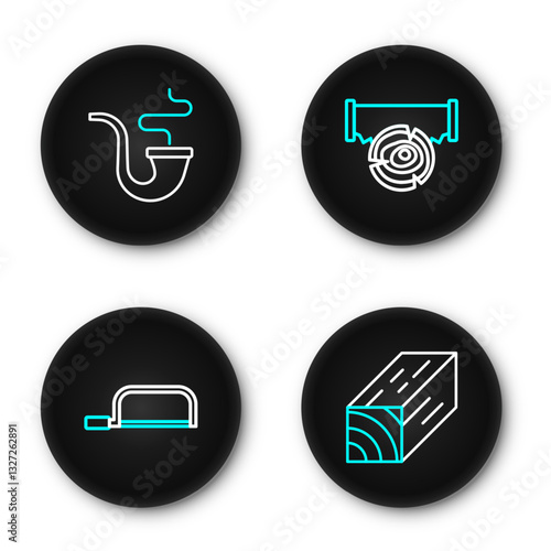 Set line Two-handed saw, Hacksaw, log and Smoking pipe icon. Vector