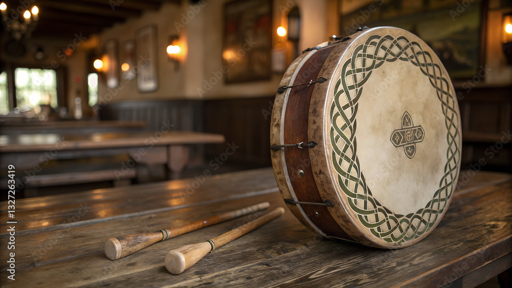 Naklejka premium Traditional Irish Bodhrán Drum with Celtic Knot Design, Wooden Percussion Instrument on Rustic Table in Cozy Pub