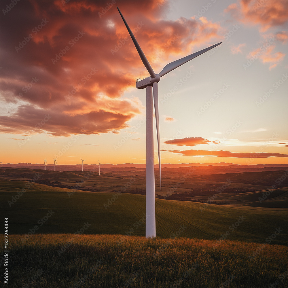 Obraz premium Wind Turbine at Sunset in Scenic Landscape