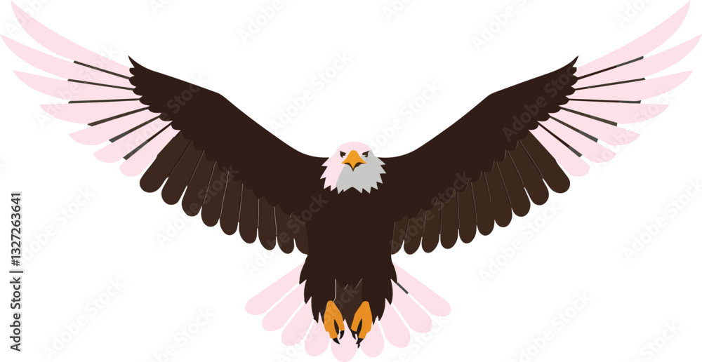Majestic bald eagle soaring through a clear blue sky in a flat vector illustration showcasing its powerful wingspan and regal presence