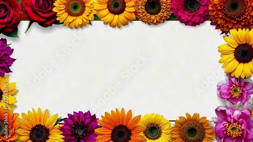 A bright floral frame with red roses, yellow sunflowers, pink peonies, and orange gerberas surrounding a blank white space. The vibrant flowers create a fresh, decorative, and elegant border