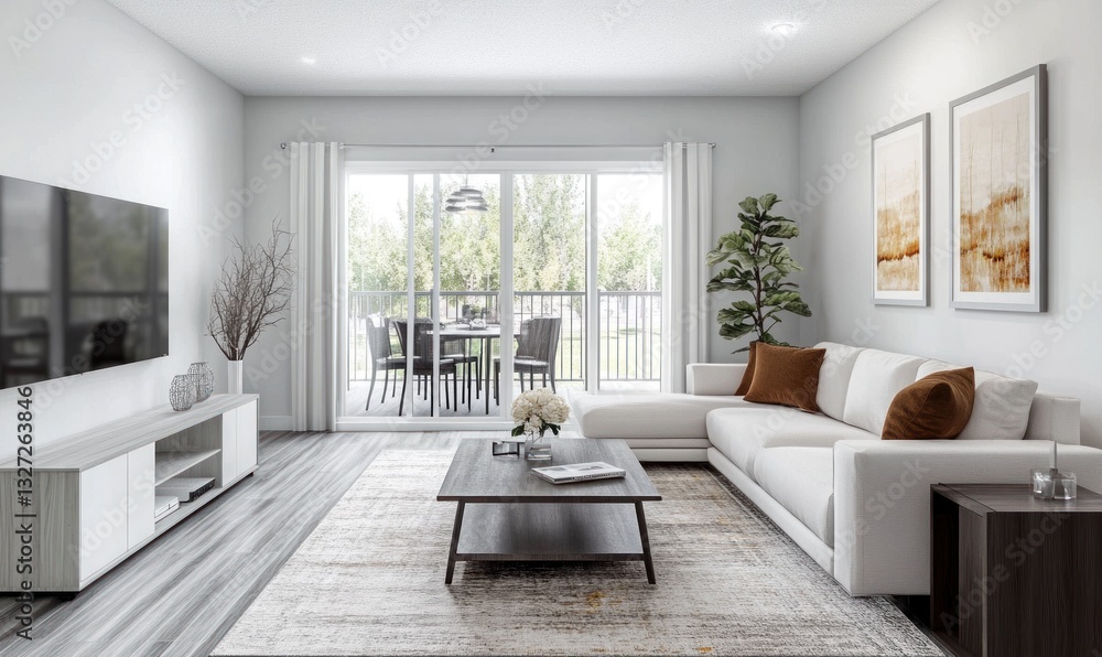 Modern living room with patio access, sectional sofa, and large TV. Modern living room with patio access, sectional sofa, and large TV.