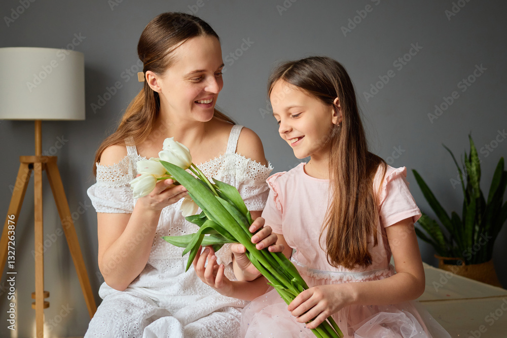 Obraz premium A mother and her daughter smile as they hold white tulips together in a cozy indoor setting. Natural light fills the room, creating a warm and inviting atmosphere