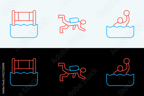 Set line Water polo, volleyball net and Scuba diver icon. Vector