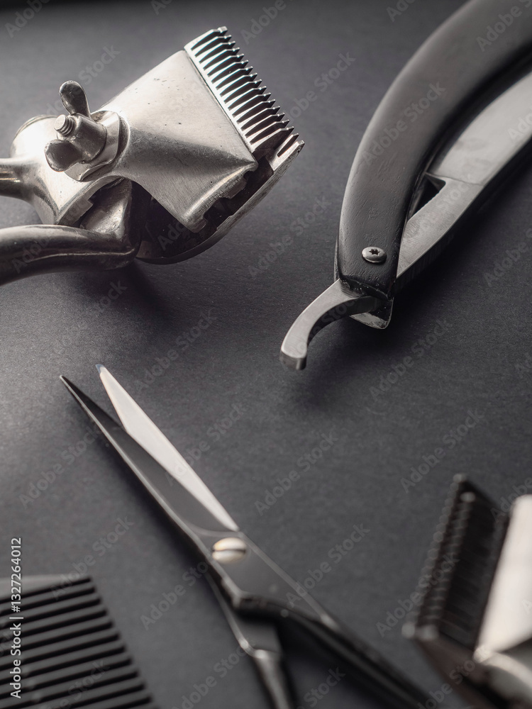 A collection of professional barber tools is displayed on a dark surface. The tools include clippers, scissors, a razor, and combs, indicating preparation for a haircut A collection of professional barber tools is displayed on a dark surface. The tools include clippers, scissors, a razor, and combs, indicating preparation for a haircut