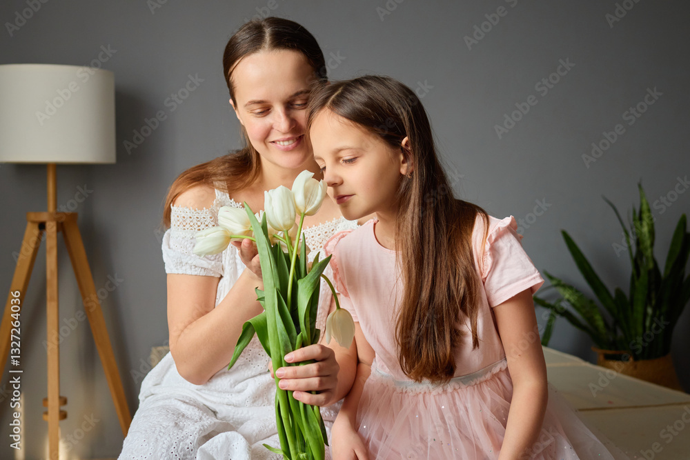 Obraz premium A mother and daughter share a joyful moment as they admire a bouquet of fresh tulips in a serene living room. Sunlight fills the space, creating a warm atmosphere