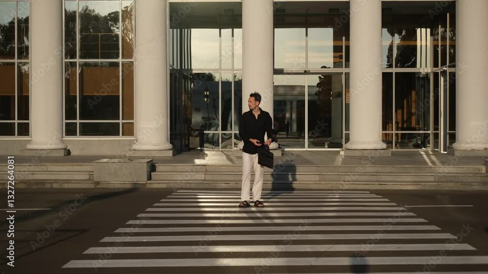Young businessman with laptop goes to work in business center talking on phone Young businessman with laptop goes to work in business center talking on phone