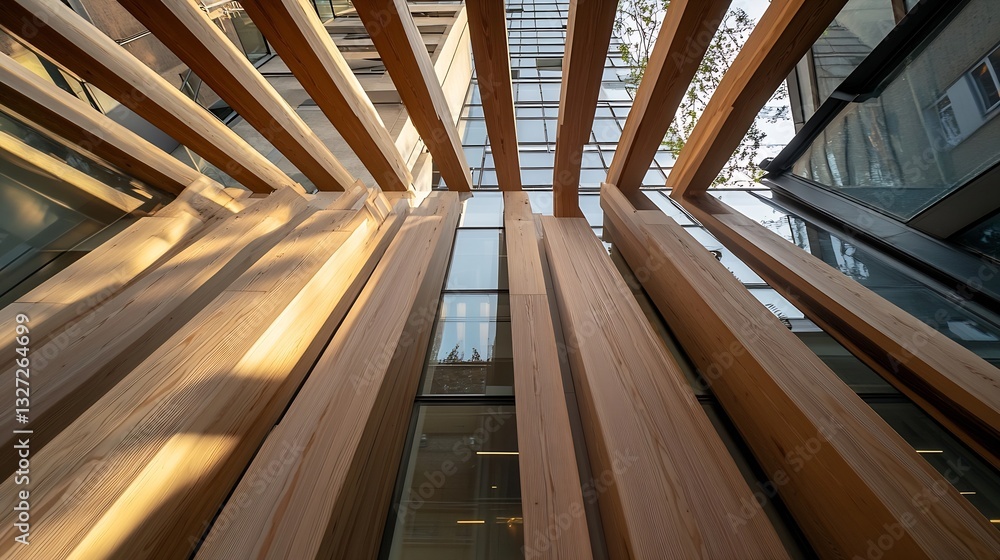 Obraz premium Contemporary architectural design featuring wooden beams and glass facades creating a harmonious workspace effect : Generative AI