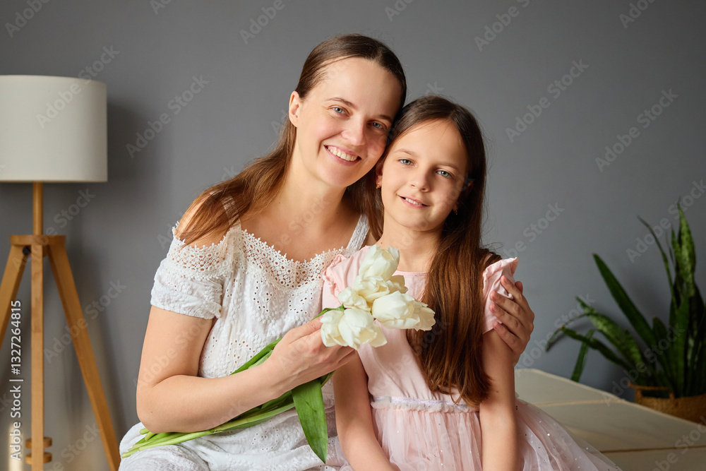 Obraz premium A mother and her daughter smile brightly as they sit together on a comfortable sofa, enjoying a moment with fresh flowers in a warm, inviting room filled with natural light