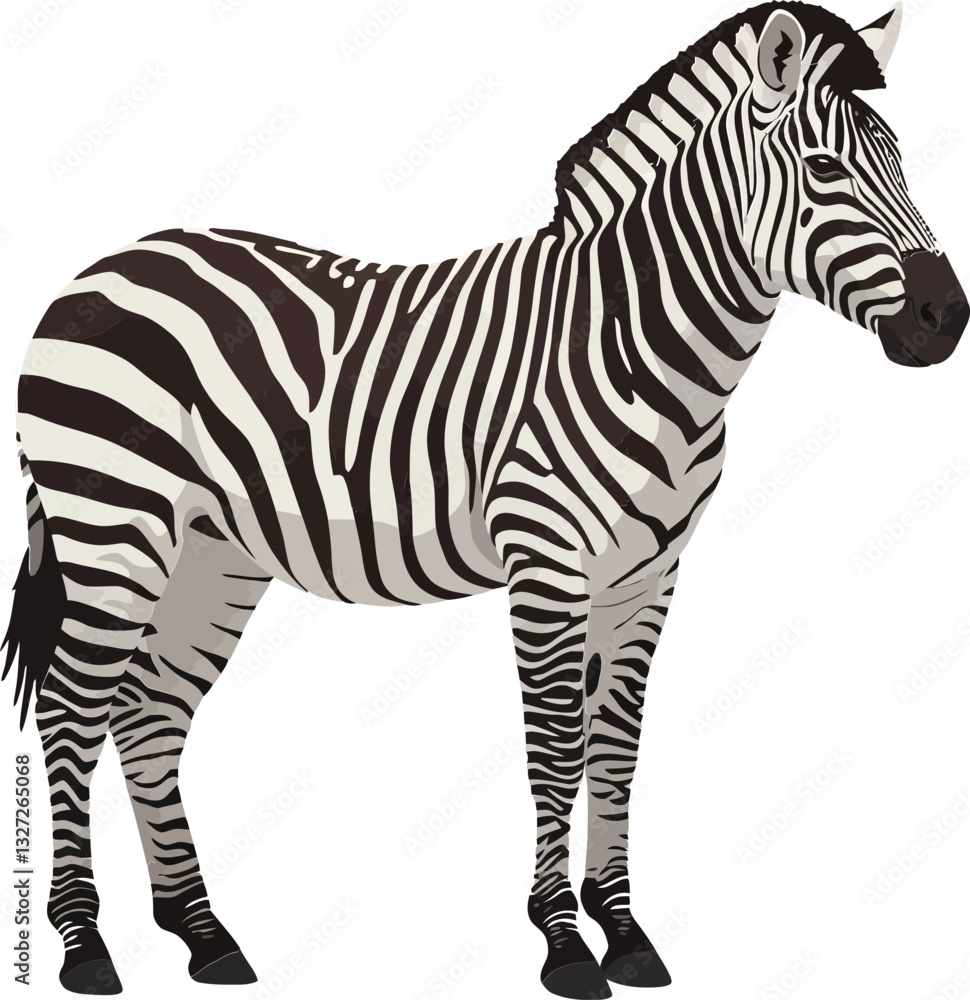 Fototapeta premium A detailed vector illustration of a zebra standing gracefully in a minimalistic setting, showcasing its distinctive black and white stripes in vector art