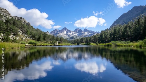 Breathtaking landscape view of serene lake reflecting mountains and clouds surrounded by lush greenery : Generative AI