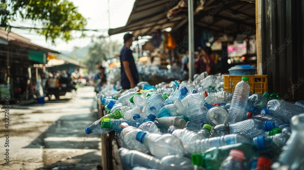 Obraz premium In Chiang Mai, Thailand, a recycling center collects plastic bottles. In 2013, 