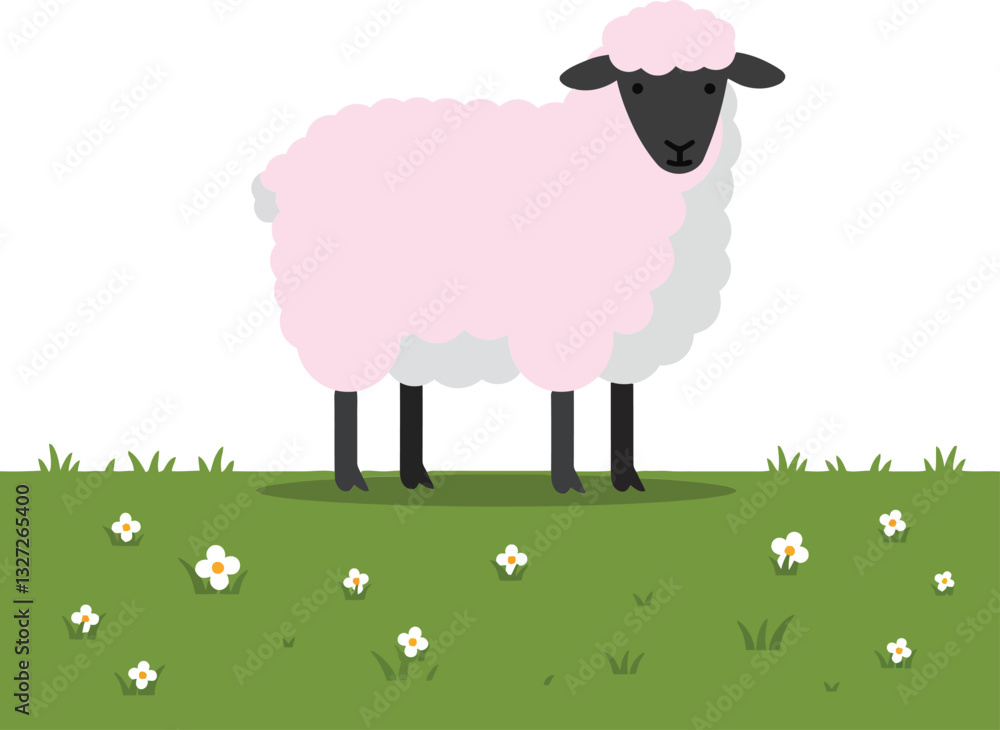 A cheerful pink sheep standing on green grass surrounded by white flowers in a flat and minimal design vector art