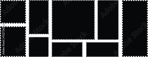 Postage stamp borders set vector. Wavy edge frame or shape. Set of frames in shape of squares and rectangles of various sizes with zigzag edge. Set of frames with zigzag edge, scallop edge shape