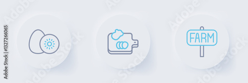 Set line Location farm, Cutting board with vegetables and Kiwi fruit icon. Vector