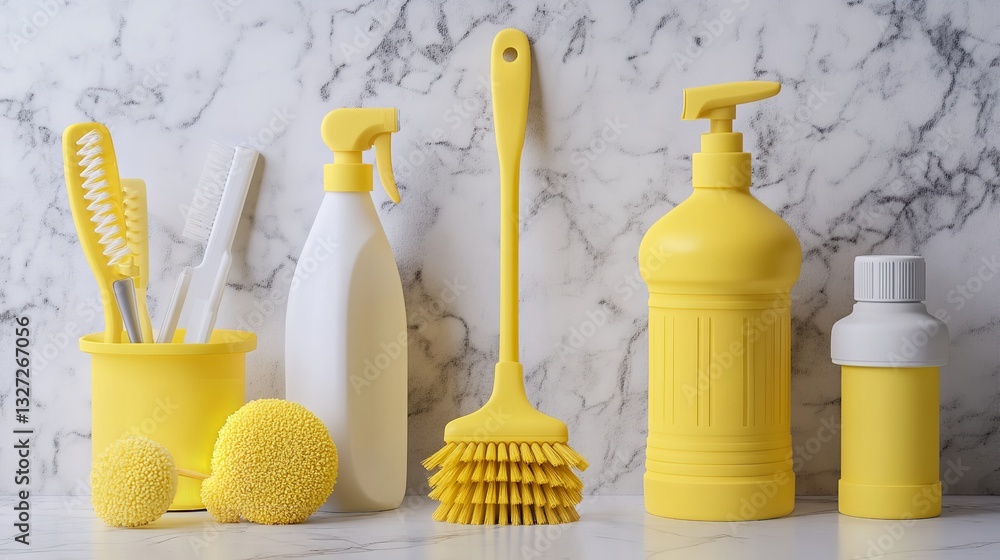Vibrant Yellow Cleaning Tools on Pristine White Marble: 8K Photorealistic Render 3d home tidy neat