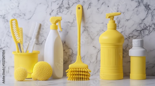 Obraz na płótnie Vibrant Yellow Cleaning Tools on Pristine White Marble: 8K Photorealistic Render 3d home tidy neat w salonie