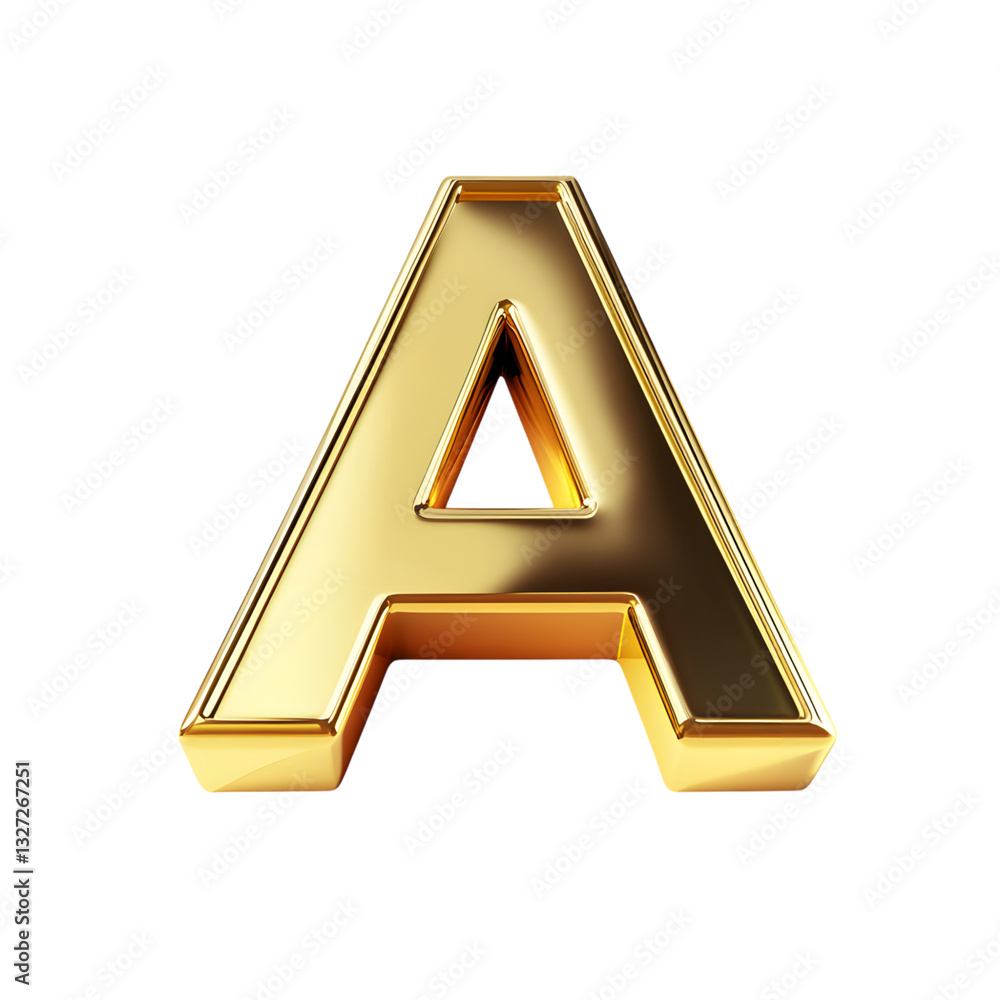 A golden metallic capital letter A against a transparent background, cut out, PNG 3D Digital Art, clip art.