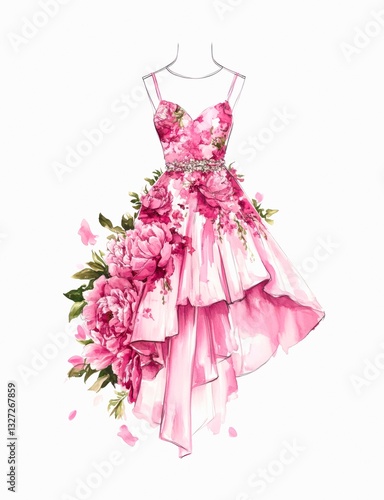 Fashion illustration of a female dress made of pink peonies isolated on white background.
