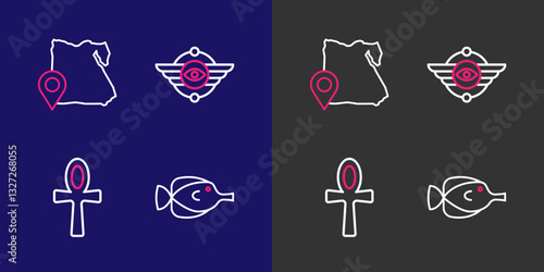 Set line Butterfly fish, Cross ankh, Egyptian symbol Winged sun and Map of icon. Vector