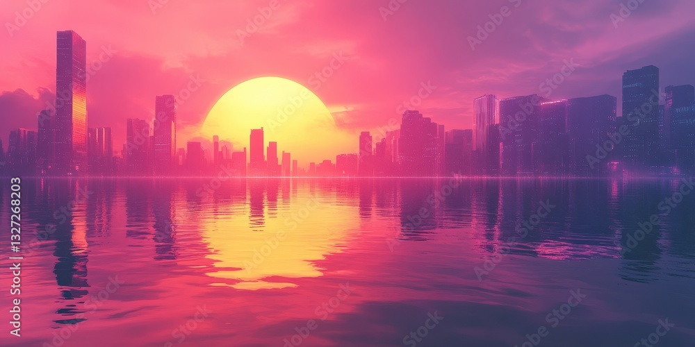 Fototapeta premium A vibrant sunset reflects across a futuristic cityscape in water