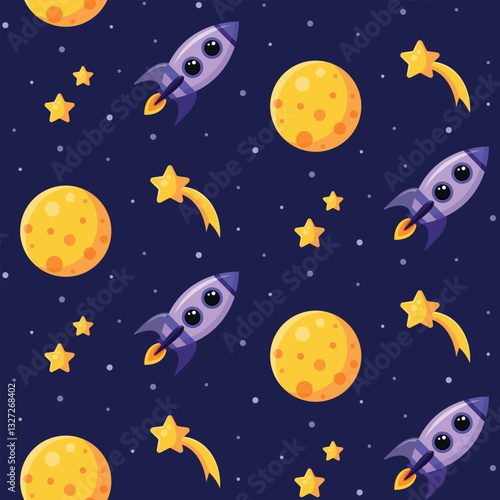 Seamless cosmic pattern with rocket, comet, stars and space ship on dark blue background. Space backdrop. Flat design. Cartoon style. Pattern for kids. Vector illustration.