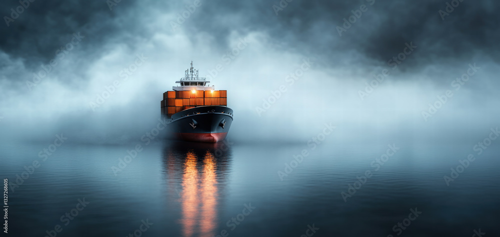 cargo ship navigates through fog, creating mysterious atmosphere cargo ship navigates through fog, creating mysterious atmosphere