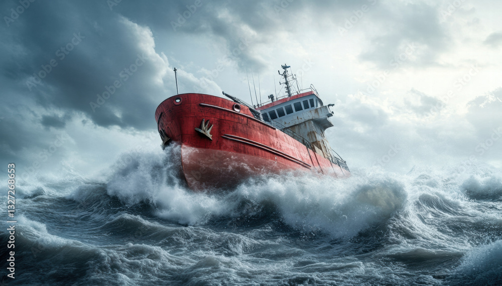 cargo ship navigating through rough seas, battling towering waves and stormy skies cargo ship navigating through rough seas, battling towering waves and stormy skies