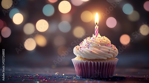 A Festive Cupcake With A Lit Candle On A Blurred Background